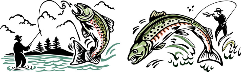 Fishing illustration: Fisherman with jumping trout