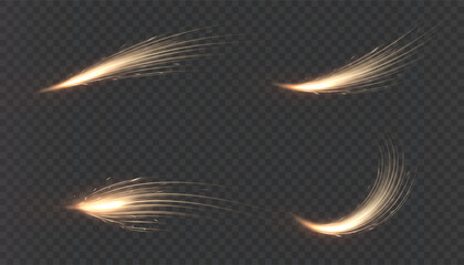 Golden glowing light streaks with spark trails on transparent background.