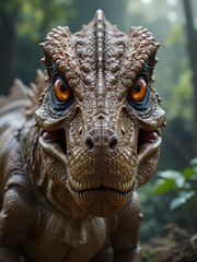 Fototapeta premium Close Up of a Fierce Brown Dinosaur with Intense Orange Eyes