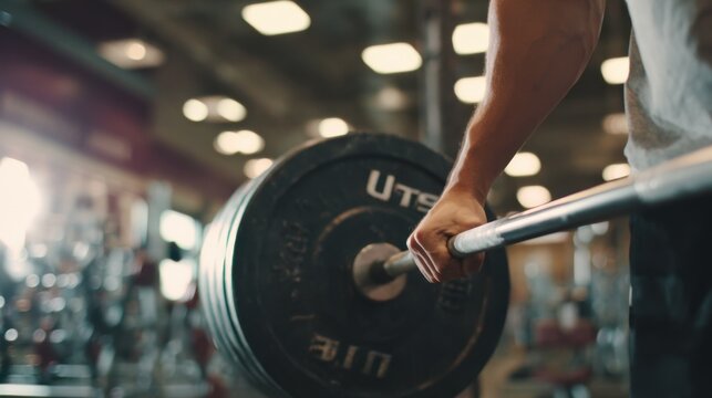 Close medium shot of a university athlete adjusting weight plates on a barbell with the hands and equipment in focus and the rest of the gym gently blurred underscoring student