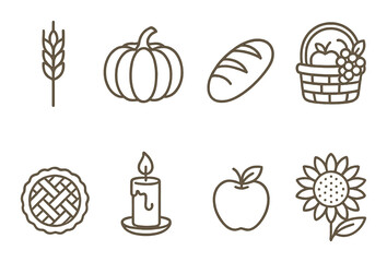 Autumn harvest icons on rustic background: wheat, pumpkin, bread, basket, pie, candle, apple, sunflower
