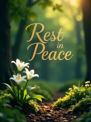 A peaceful Rest in Peace message with white lilies in a tranquil forest scene.