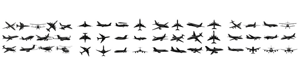 Set of twelve black airplane silhouette icons showing various aircraft shapes and angles in clean design style