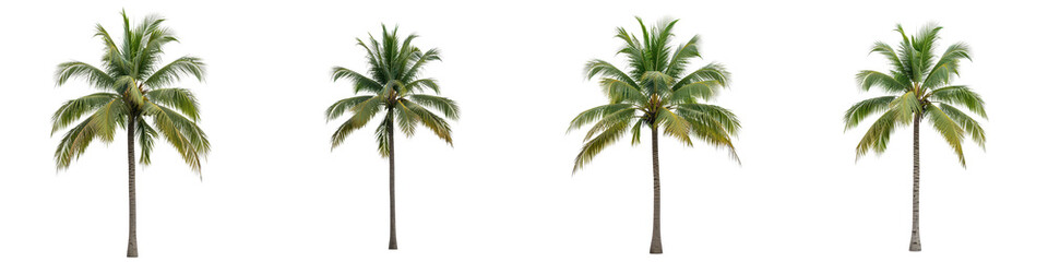 Obraz premium Set of four tall coconut palm trees with slender trunks and lush green fronds, perfect for tropical and nature themed designs