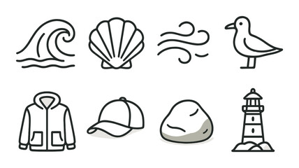 Beach icons: wave, shell, bird, coat, hat, rock, lighthouse, wind