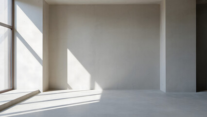 Fototapeta premium Bright light shining through the window casting shadows on the empty room with gray walls and floor