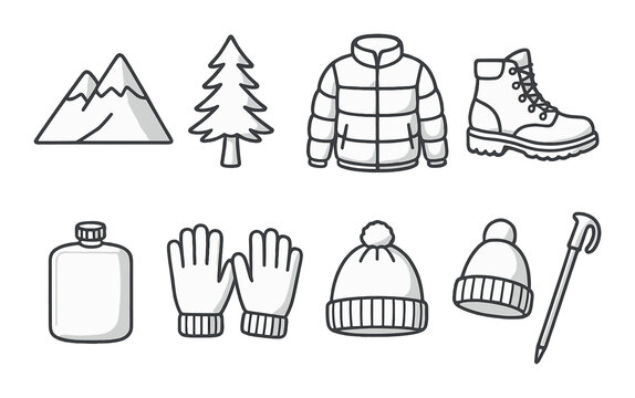 Essential winter hiking gear icons: jacket, boots, gloves, hat, flask, mountain, tree