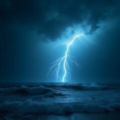 A brilliant bolt of electricity pierces the dark, stormy night sky, illuminating the churning ocean below with its powerful light