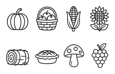 Autumn harvest icons: pumpkin, apple basket, corn, sunflower, hay, pie, mushroom, grapes