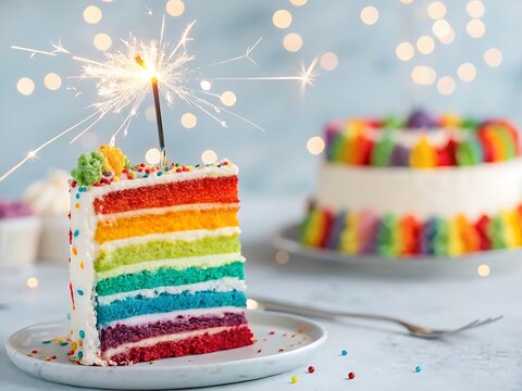 Sparkling rainbow layer cake slice with birthday lights