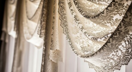 Elegant Beige Lace Curtains Draped at Window, Close-up Detail