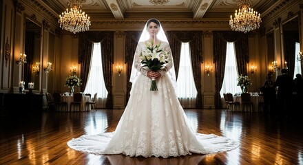 Elegant Bride in Lace Gown with Lilies in Grand Ballroom Setting