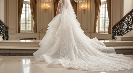 Elegant Bride in Wedding Gown, Long Train, Ballroom Setting