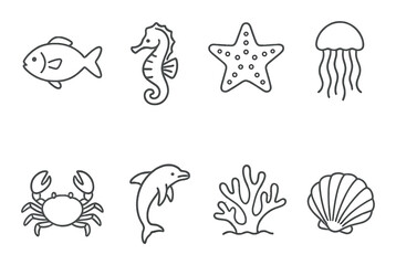 Monochrome sea life icons featuring fish, seahorse, starfish, jellyfish, crab, dolphin, coral, and shell