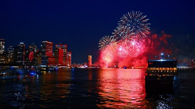 Numerous boats stand on the river waterscape watching the fireworks. Fantastic celebration show in New York, USA at night.