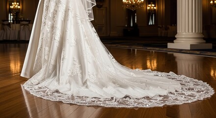 Elegant Wedding Dress Train with Intricate Lace on Polished Ballroom Floor