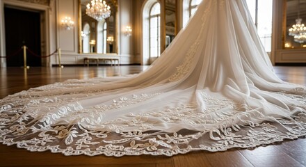 Elegant Wedding Dress Train with Intricate Lace Detail in Grand Ballroom