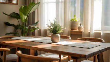 Obraz premium A dining room with a wooden table, chairs, a table runner, and plants in natural light setting