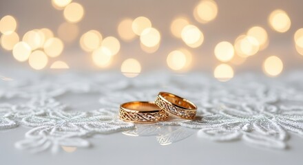 Pair of ornate gold wedding rings with diamonds on white lace with a warm bokeh background.