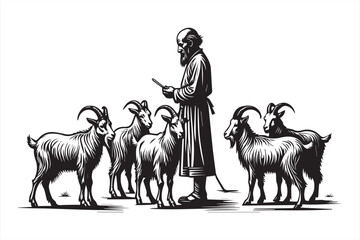 Man with goats in a pastoral scene herd outdoors