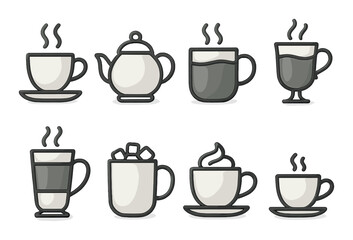 Assorted coffee and tea cups with steam on brown background