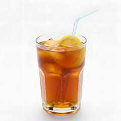 Fototapeta premium Refreshing iced tea with lemon slice isolated on white background, summer drink