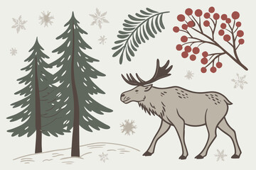 Winter forest scene with moose pine trees and berries