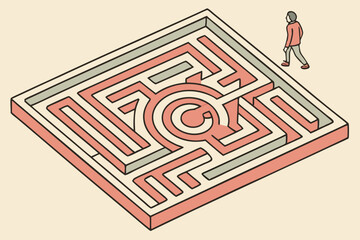 Man standing at the entrance of a complex maze with a circular center