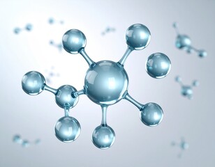 Photorealistic 3D render of a fictional molecule made of glass spheres and thin metallic connectors