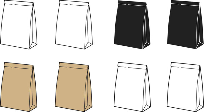 Paper bag icons, lunch sack vector illustrations, eco-friendly packaging symbols for food and retail design