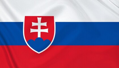 Fototapeta premium Slovakia national flag with white-blue-red stripes and coat of arms featuring double cross on hills.