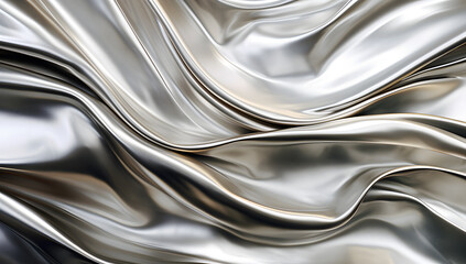 Abstract flowing silver metallic fabric with elegant draped folds and highlights