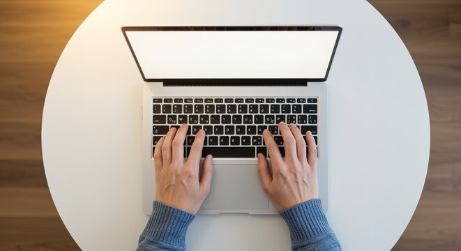 Woman typing on a laptop computer on a round white table showcasing remote work and digital lifestyle from an overhead perspective featuring a clean minimalist aesthetic