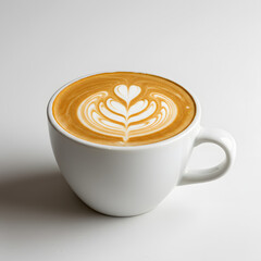Latte art in a white cup isolated on white background for cafe