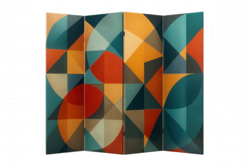 Stylish folding screen with a colorful geometric pattern, isolated on transparent background, adds a touch of modern art to interior design