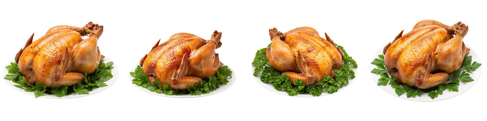Whole roasted chicken with golden brown crispy skin served on white plates with fresh green parsley garnish, appetizing and ready to eat