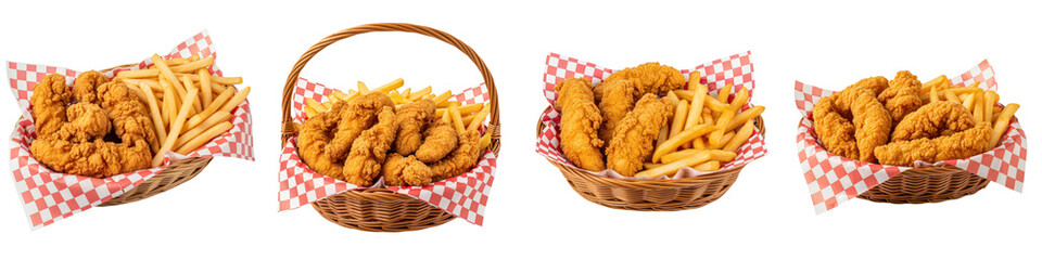 Fried chicken tender with French fries in wicker basket lined with red and white checkered paper, crispy and golden food meal