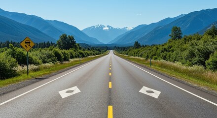 Naklejka premium Scenic Highway Journey Through Mountain Landscape with Warning Sign and Clear Blue Skies inviting travel and adventure on the open road