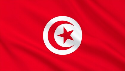 Flag of Tunisia with red field, white central circle containing red crescent and five-pointed star.