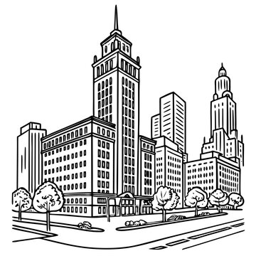 Cityscape Line Art Illustration &ndash; Urban Landscape in Monochrome Vector Style on Solid White Background

