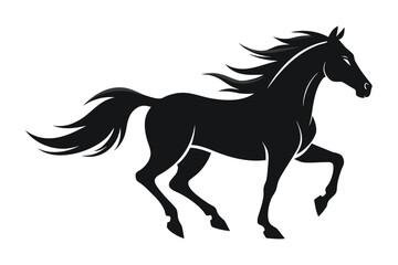 Black horse silhouette running, isolated on white background