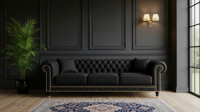 An elegant black tufted chesterfield sofa is placed on a patterned rug in a luxurious living room with paneled walls and a large window