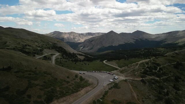Aerial of Cottonwood Pass summit in Sawatch Range Colorado over Continental Divide