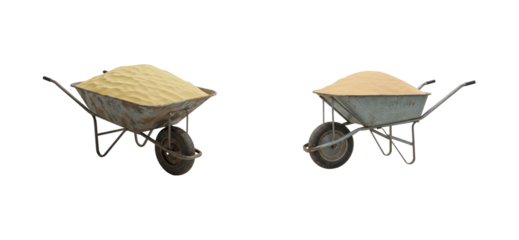Construction activity with wheelbarrows full of sand outdoor site equipment industrial environment side. Cut out set png