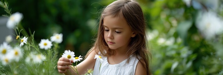 Obraz premium Caucasian young girl in garden with daisies, wearing white dress