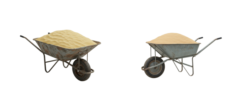 Construction activity with wheelbarrows full of sand outdoor site equipment industrial environment side. Cut out set png