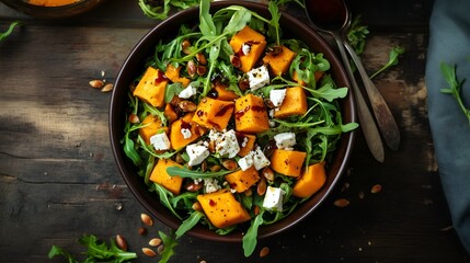 Fresh pumpkin salad with feta cheese, arugula, roasted seeds, and balsamic dressing. Great for healthy seasonal menus and autumn lifestyle content.