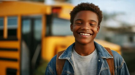Happy and smiling teenage African-American boy getting off school bus, ready for first day of school - Powered by Adobe