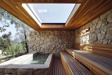 Luxury sauna embedded in hillside, horizontal skylight, natural rock integration, eco-modern design