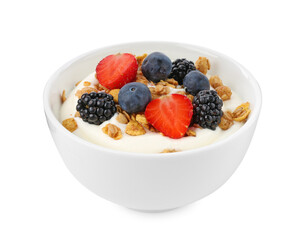 Tasty yogurt with granola and berries in bowl isolated on white
